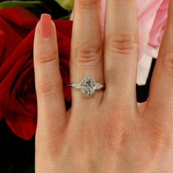 2.00 Ct Oval Cut Diamond with Pear Three Stone Ring Silver VVS1/D Moissanite - Picture 5 of 8